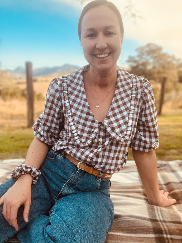 Dulcie Blouse ~ custom made mocha gingham S M L XL